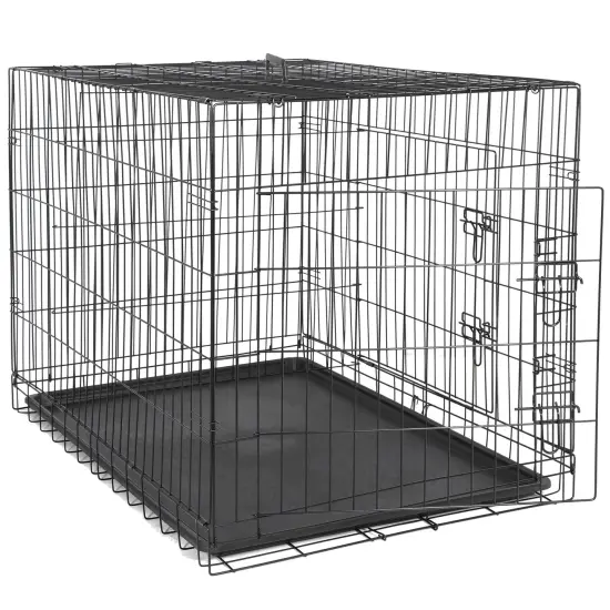 42" Dog Crate Kennel Folding Metal Pet Cage Double Doors With Tray Pan Indoor {1}