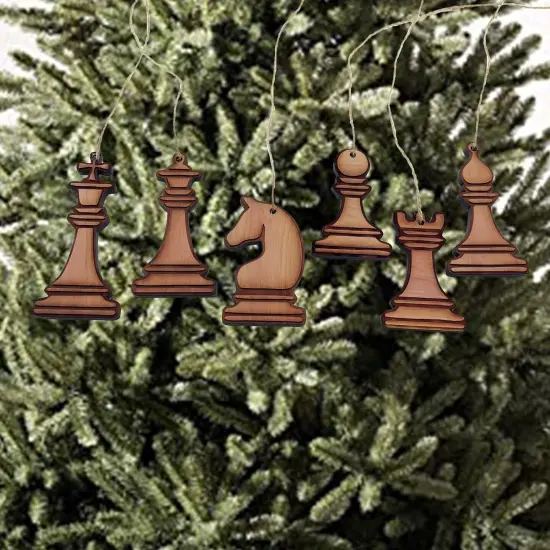 Chess Pieces all 6 - Cedar Ornament {3}