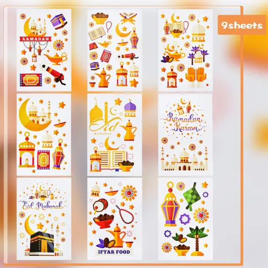 80 PCS Ramadan Window Clings Eid Mubarak Window Stickers Static Ramadan Kareem Window Decals Removable Window Cling Decorations for Ramadan Mubarak Party Classroom Supply, 9 Sheets {1}