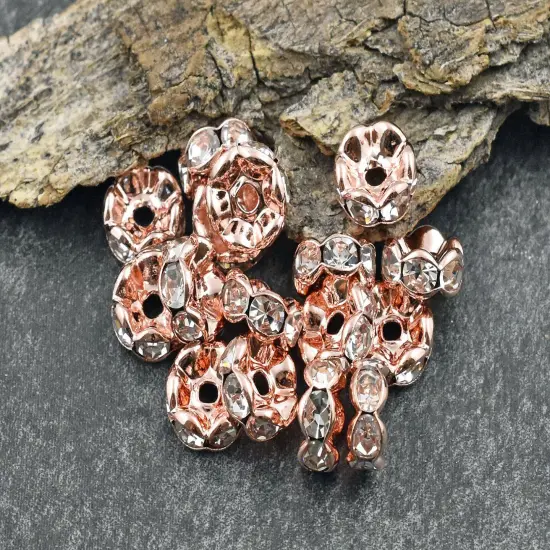 Rose Gold w/ Crystal Rhinestone Wavy Edge Rondelle Spacer Beads {3}