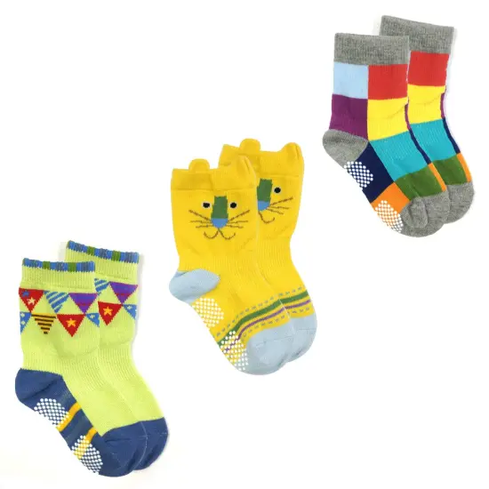 Wrapables Peek A Boo Animal Non-Skid Toddler Socks Set of 3, Lion (L) {1}