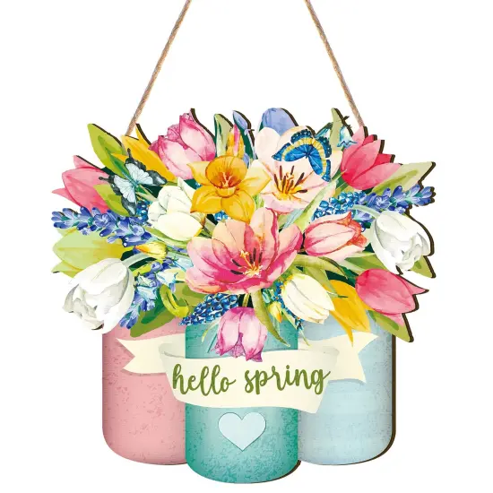 Spring Welcome Sign Wood Front Door Decor Hanging Outdoor Wooden Decorations for Farmhouse Porch Decoration (Flower Style) {2}