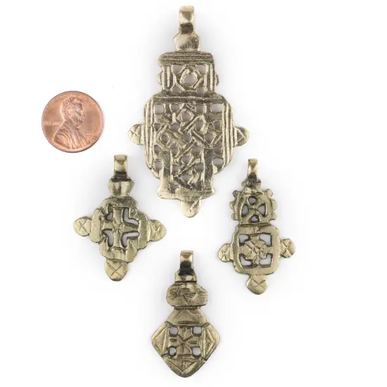 The Bead Chest 4 Pack: Ethiopian Brass Coptic Cross Pendants African Large Hole Handmade {2}