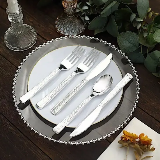 SILVER 24 Hammered Design 7" Plastic CUTLERY Spoons Forks {5}