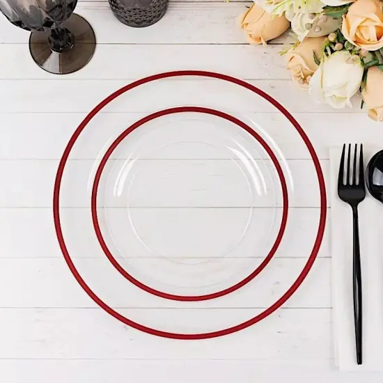 CLEAR 10 Round 7" Plastic SALAD PLATES Red Rim {5}