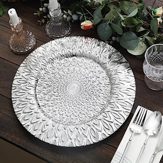 SILVER 6 Plastic 13" Round CHARGER PLATES Embossed Peacock Pattern {2}