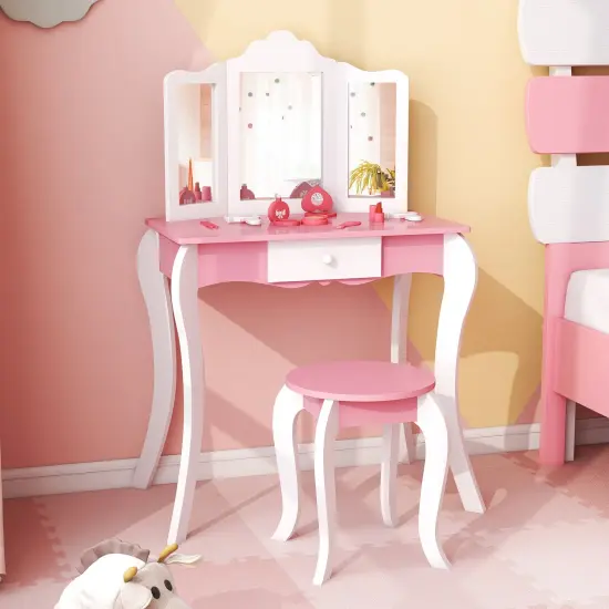 Kid's Wooden Vanity Table And Stool SetWith 3-panel Acrylic Mirror-White {1}