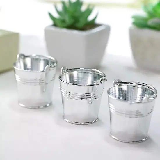 12 SILVER 2" Mini Pail Bucket Planter Wedding Party Favor GIFT HOLDERS {2}