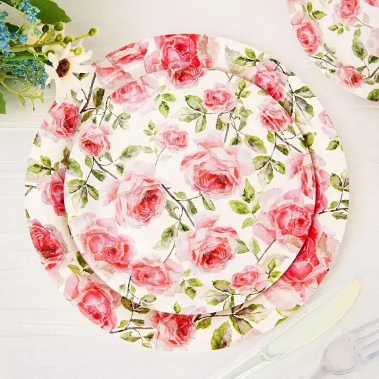 25 WHITE 7" Round Paper Plates with PINK Rose Flowers Design {1}
