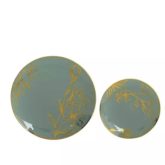 20 Round DUSTY SAGE Plastic Salad Dinner PLATES Gold Floral Design {3}