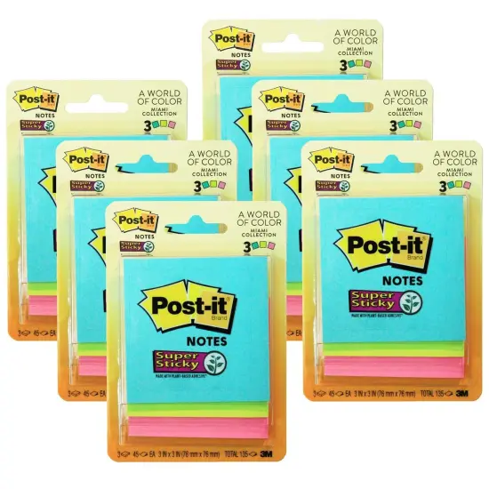 Super Sticky Notes, 3" x 3", Miami Collection, 3 Pads/Pack, 6 Packs {1}
