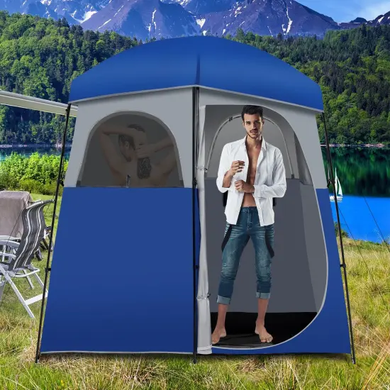 Double-Room Camping Toilet Tent with Floor and Portable Storage Bag-Blue {2}