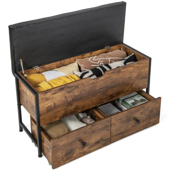 Storage Ottoman Bench With Padded Seat Cushion And 2 Drawers For Entryway-brown {4}