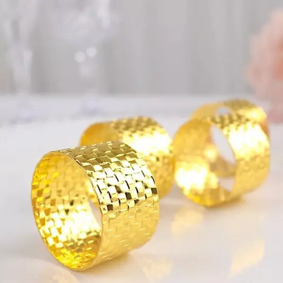 4 Round Basket Weave Design Metal Napkin Rings Gold {3}
