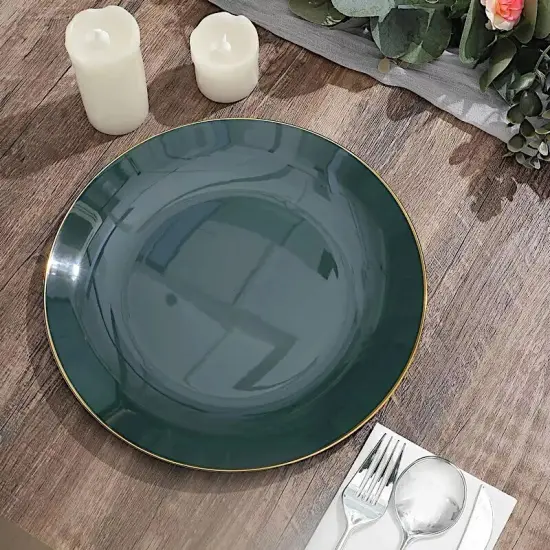 HUNTER GREEN 10 Glossy 10" Round Plastic Salad PLATES Gold Rim {5}