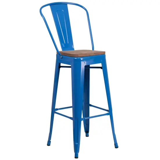 Merrick Lane Dothan Metal Dining Stool with Curved Slatted Back and Textured Wood Seat Blue {2}