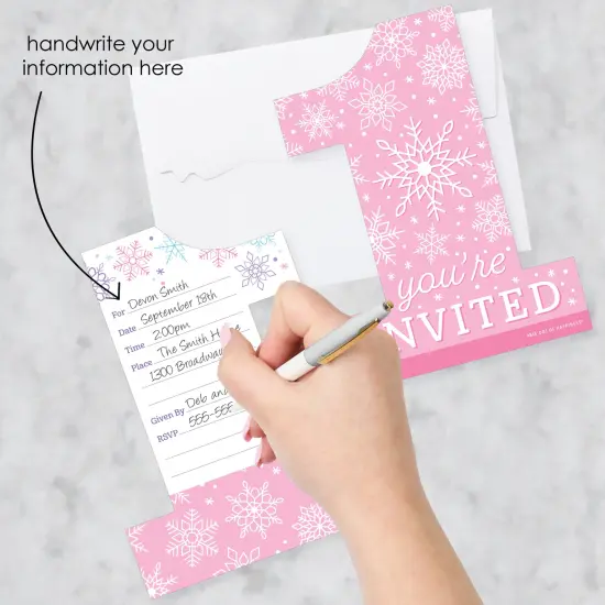 Big Dot of Happiness Pink Snowflakes 1st Birthday Shaped Fill-In Invitations - Girl Winter ONEderland Party Invitation Cards with Envelopes Set of 12 {3}