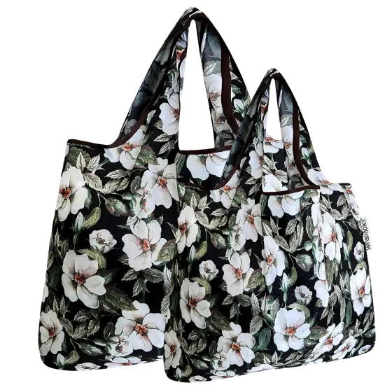 Wrapables Large & Small Foldable Tote Nylon Reusable Grocery Bags, Set of 2 White Pansies {1}