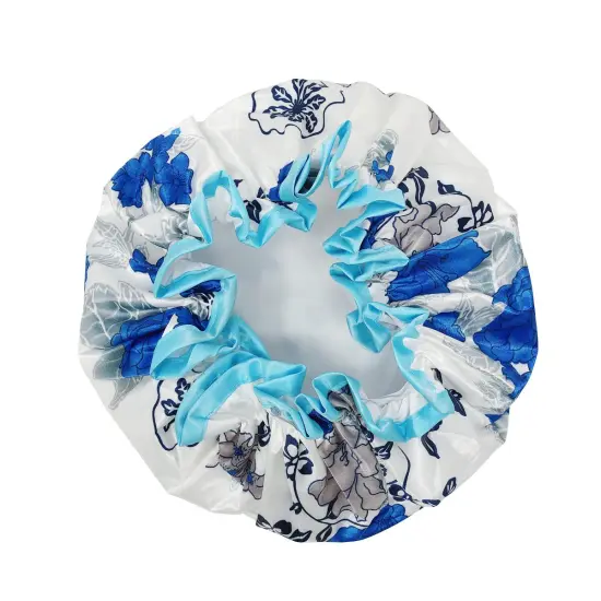 Wrapables Reusable Women's Waterproof Shower Caps for Long Hair Blue Floral {2}