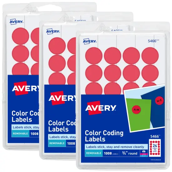 Avery Round Color Coding Labels, Removable Adhesive, Red, 0.75", 3 Pack, 3,024 Labels Total (32136) {1}