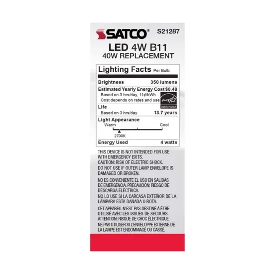 6Pk - Satco 4w B11 LED 2700K Medium Base Frosted Dimmable - 40w equiv Warm White {6}