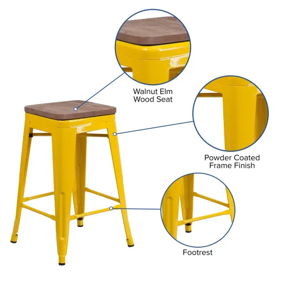 Merrick Lane Dalton Series Backless Metal Dining Stool with Wooden Seat for Indoor Use Silver {10}