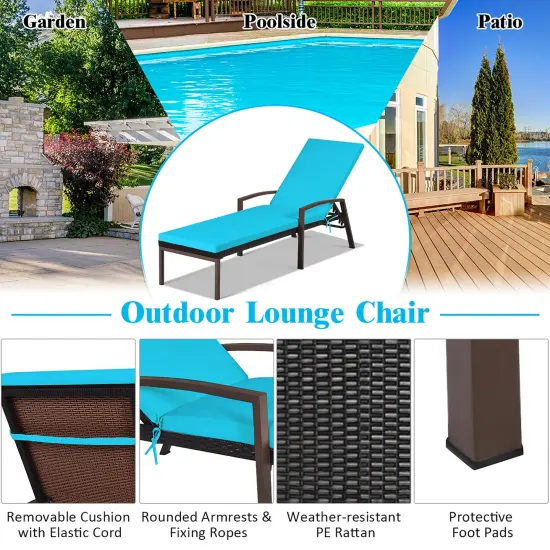 Costway Patio Rattan Lounge Chair Chaise Recliner Back Adjustable w/Cushion Turquoise {5}