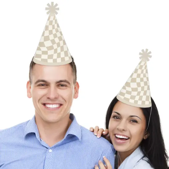 Big Dot of Happiness Tan Checkered Party - Cone Happy Birthday Party Hats for Kids and Adults - Set of 8 (Standard Size) {3}