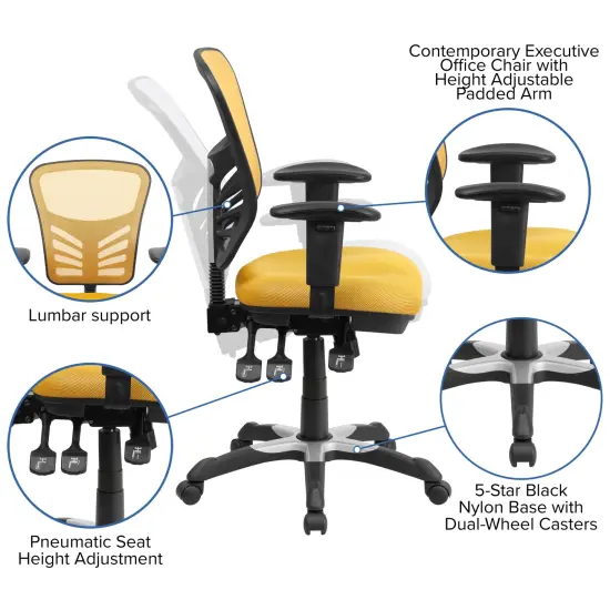 Emma and Oliver Mid-Back Mesh Triple Paddle Swivel Ergonomic Office Chair with Adjustable Arms Yellow-Orange {2}