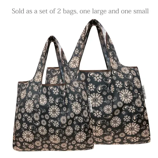 Wrapables Large & Small Foldable Tote Nylon Reusable Grocery Bags, Set of 2 Floral Deco {3}