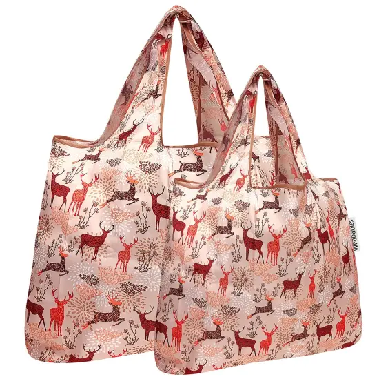 Wrapables Large & Small Foldable Tote Nylon Reusable Grocery Bags, Set of 2 Deer {1}