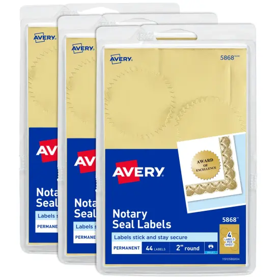 Avery Notary Seal Labels, 2" Diameter, Printable Gold Certificate Seals, Inkjet, 3-Pack, 132 Gold Seals Total (35868) {1}