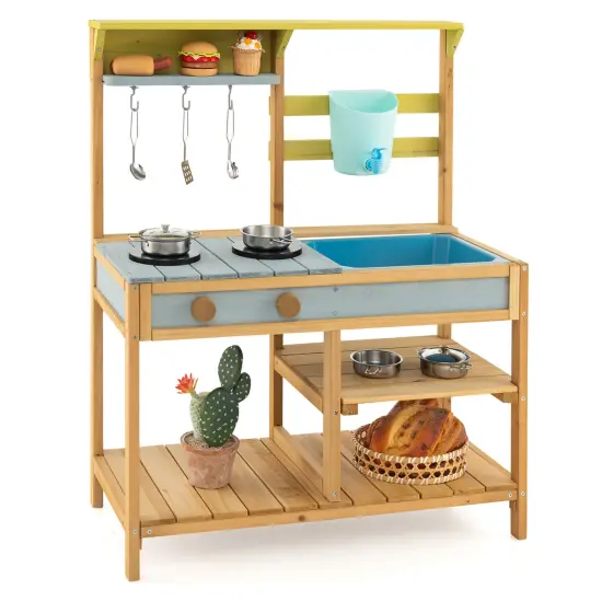 Costway Wooden Play Kitchen Set, Outdoor Kid's Mud Kitchen with Faucet & Water Box {1}