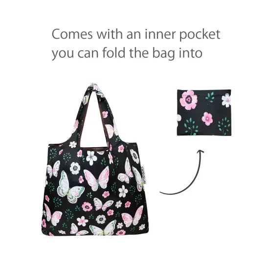 Wrapables Foldable Tote Nylon Reusable Grocery Bag (Set of 2) Midnight Butterfly {4}