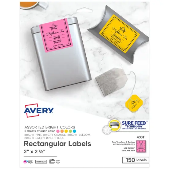 Avery Labels with Sure Feed, Assorted Bright Colors, 2" x 2-5/8", Laser/Inkjet, 150 Labels (4331) {1}