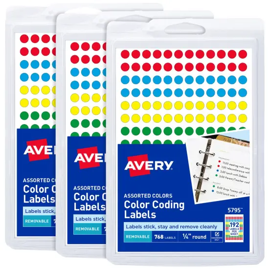Avery Color-Coding Removable Labels, 1/4 Inch Round Labels, Assorted Colors, Non-Printable, 3 Packs, 2,304 Dot Stickers Total (5641) {1}