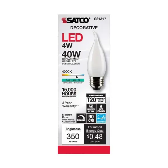 6Pk - Satco 4w CA10 LED 4000K Medium Base Frosted Dimmable - 40w equiv Cool White {4}