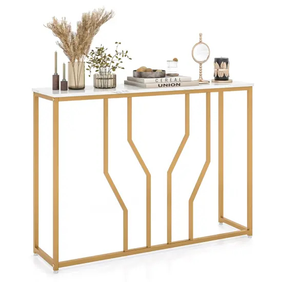 Costway 44" Gold Console Table with Faux Marble Tabletop Golden Metal Frame for Entrance {1}