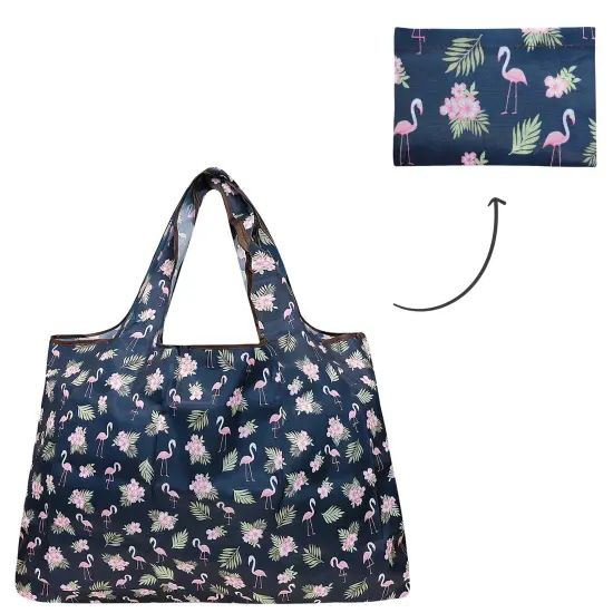 Wrapables Large Foldable Tote Nylon Reusable Grocery Bag Flamingoes & Floral {3}
