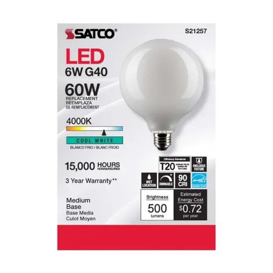 6Pk - Satco 6w G40 Globe Filament LED 4000K E26 Base White Dimmable - 60w equiv Cool White {4}