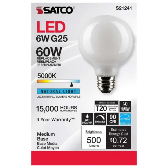 6Pk - Satco 6w G25 Globe Filament LED 5000K E26 Base White Dimmable - 60w equiv Natural Light {4}