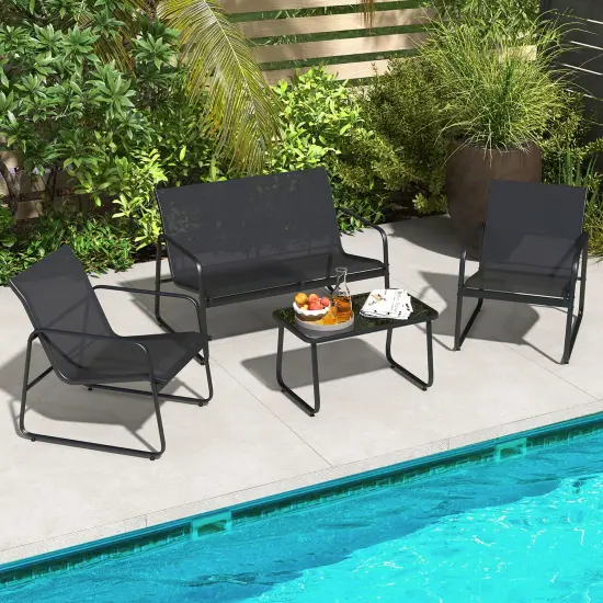 Costway 4 Pieces Patio Furniture Set Outdoor Tempered Glass Coffee Table Chair Loveseat {2}