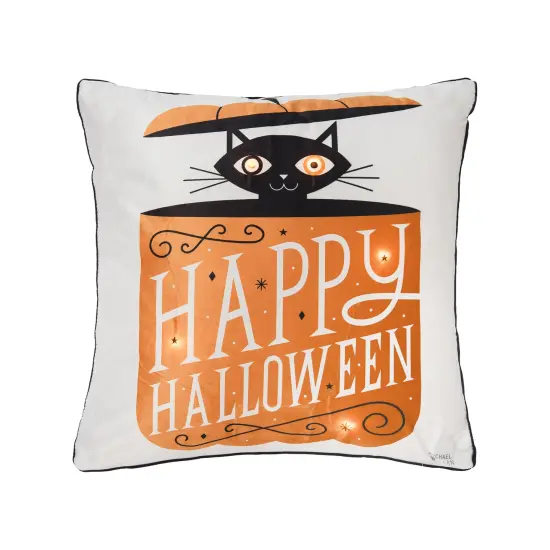 Black Cat in Pumpkin "Happy Halloween" LED Accent Throw Pillow 18" x 18" {1}