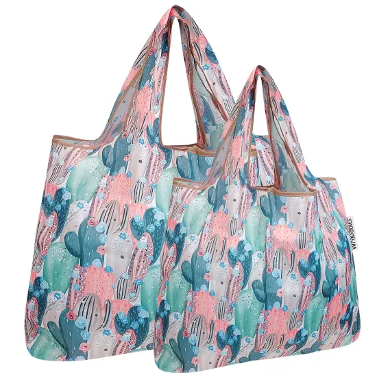 Wrapables Large & Small Foldable Tote Nylon Reusable Grocery Bags, Set of 2 Colorful Cacti {1}