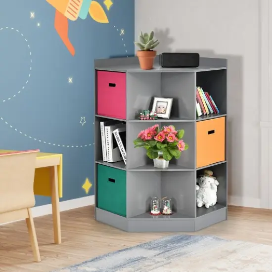 3-Tier Kids Storage Shelf Corner Cabinet with 3 Baskets Grey {5}