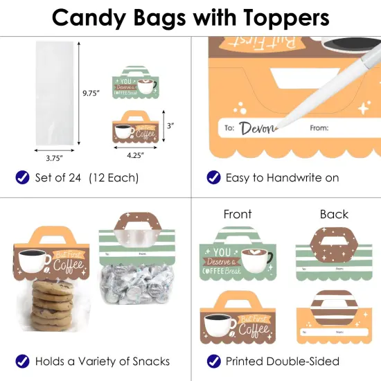 Big Dot of Happiness But First, Coffee - DIY Cafe Themed Party Clear Goodie Favor Bag Labels - Candy Bags with Toppers - Set of 24 {4}