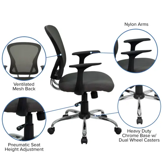 Emma and Oliver Mid-Back Mesh Swivel Task Office Chair with Chrome Base and Arms Dark Gray {2}