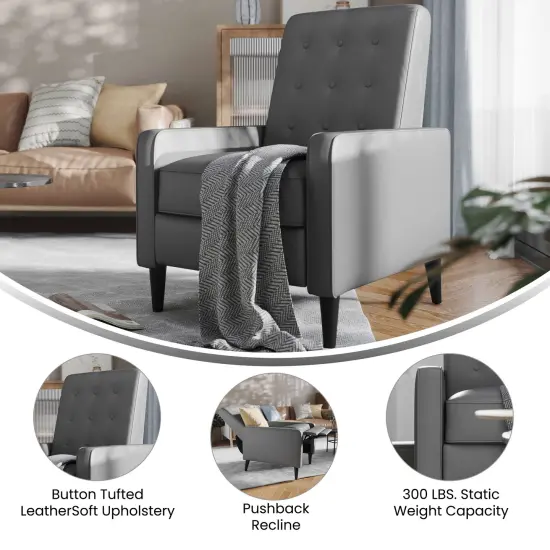 Merrick Lane Darcy Recliner Chair Mid-Century Modern Faux Leather Tufted Upholstery Ergonomic Push Back Living Room Recliner Light Gray {4}