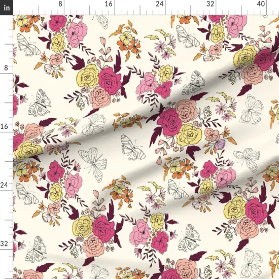 Various Fabrics by the Yard or Fat Quarter Pink Cream Yellow Butterflies Floral Orange Rose Daisy Crimson Sketchbook Hand Drawn Large Scale Botanical Kitsch Custom Printed Fabric by Spoonflower {1}