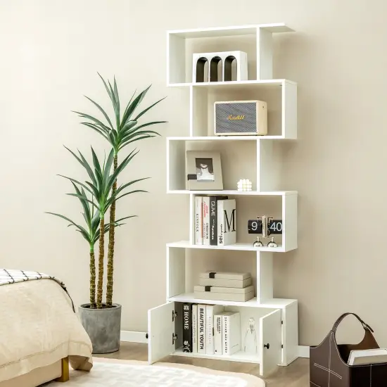 Costway Bookshelf with Cabinet 6-Tier S-Shaped Bookcase Storage Rack Rustic Brown/White/Black {2}